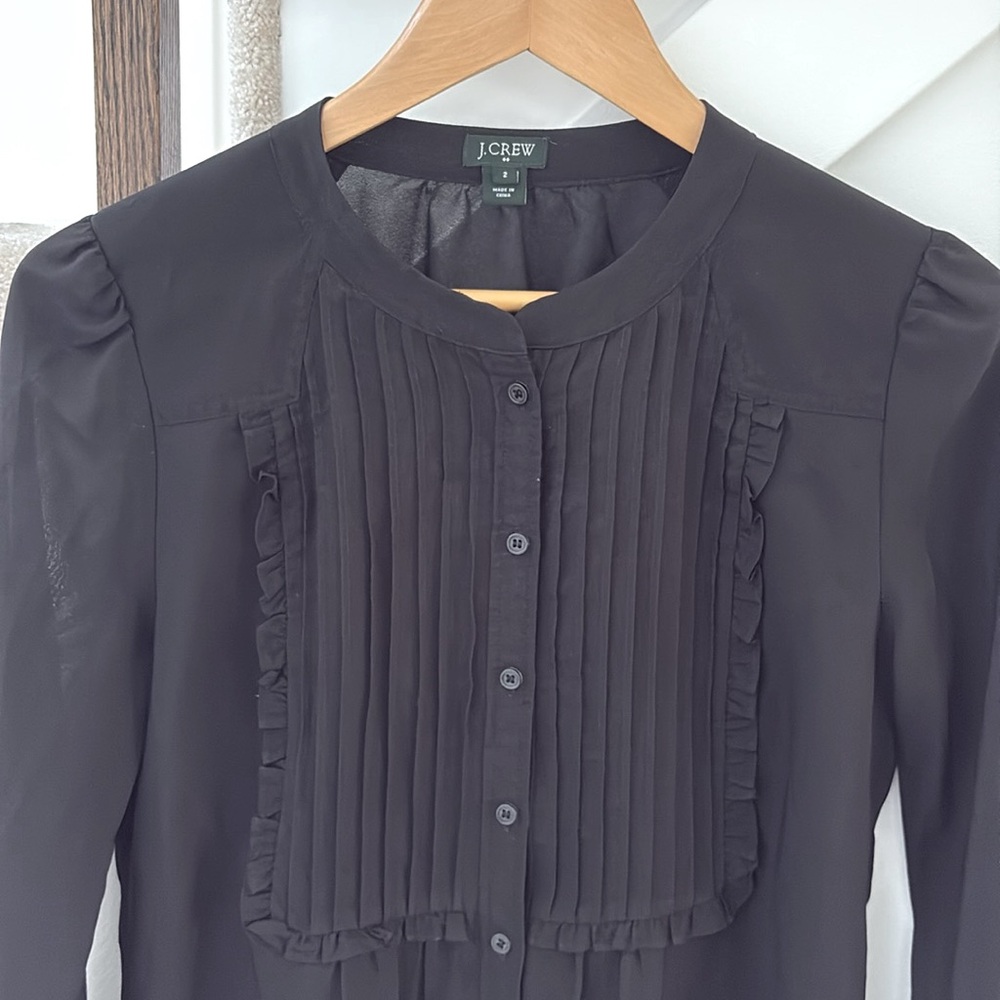 J. Crew Ruffle Pintuck Tuxedo Sheer long sleeve Blouse Size 2